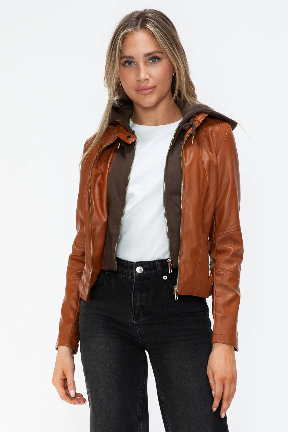 kesleySnobbish Faux Leather Zip Up Drawstring Hooded Jacket