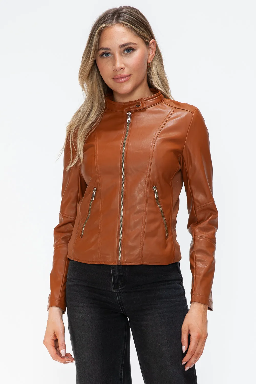 kesleySnobbish Faux Leather Zip Up Drawstring Hooded Jacket