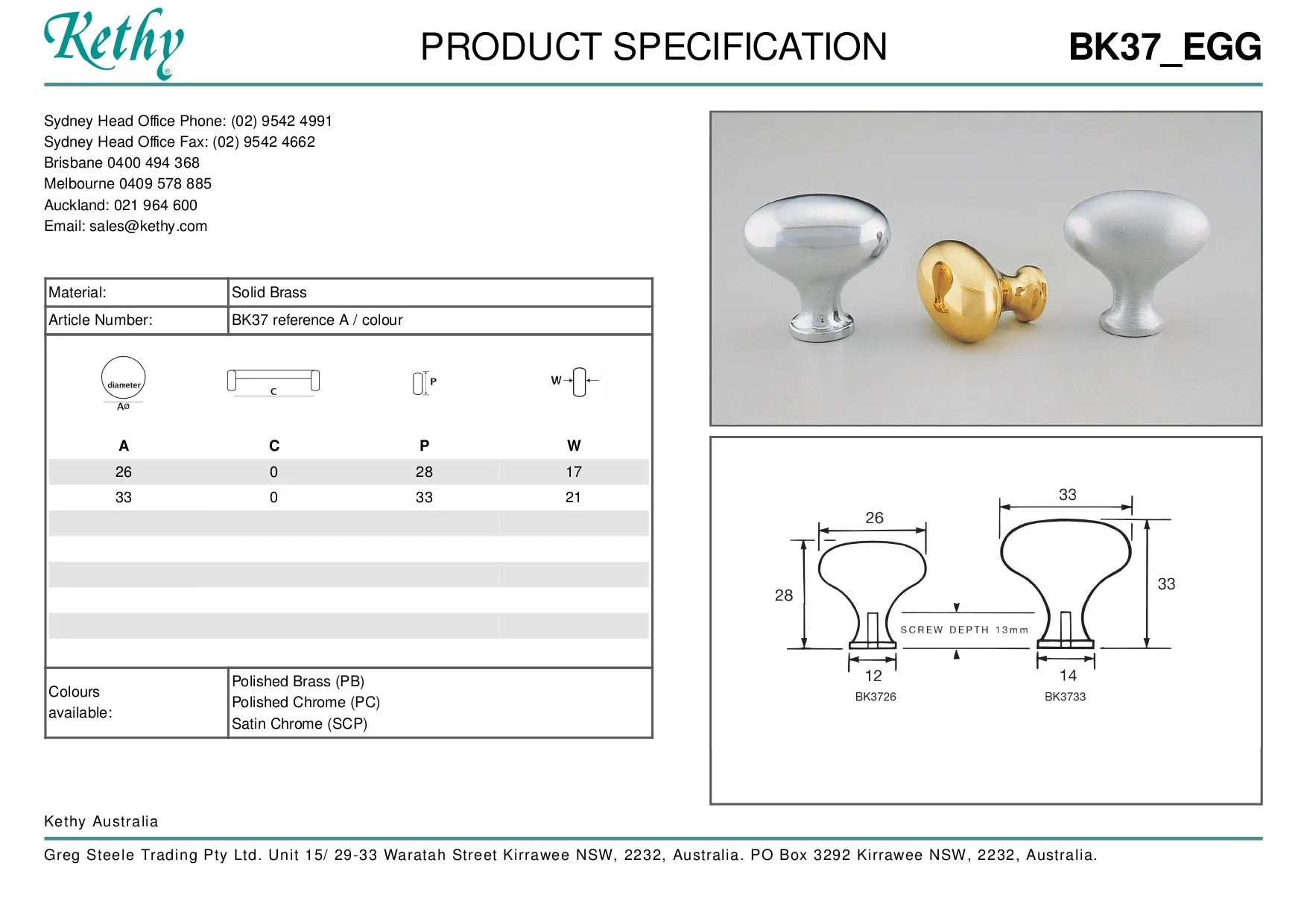 KETHY BK37 CABINET BRASS KNOB EGG 33MM