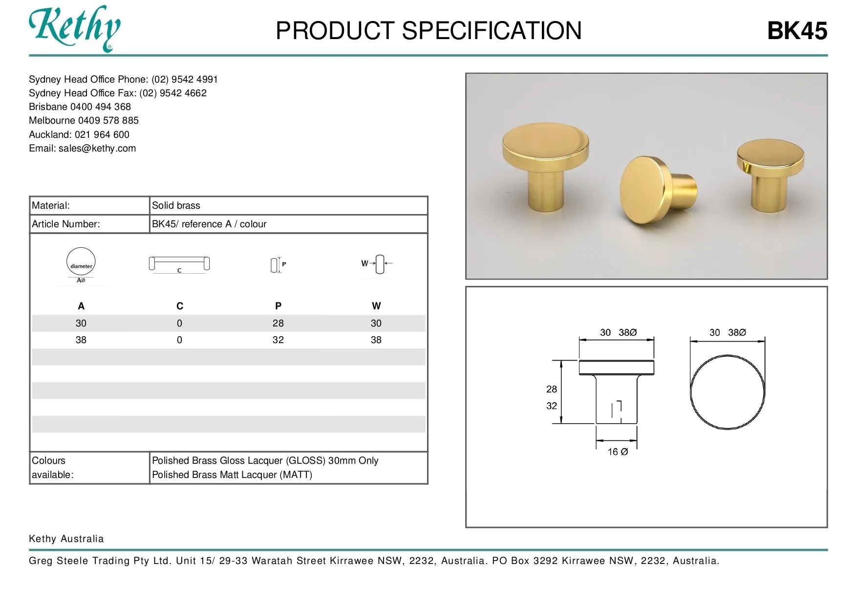 KETHY BK45 CABINET BARGO BRASS KNOB 38MM