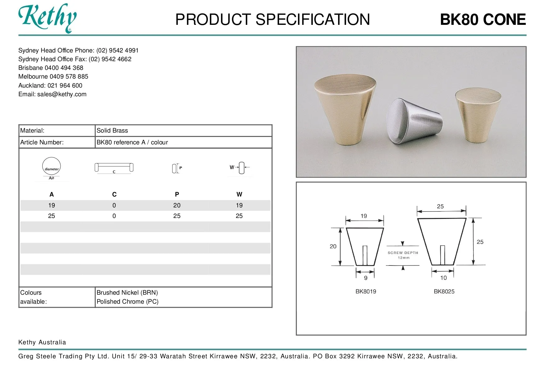 KETHY BK80 CABINET CONE KNOB 25MM