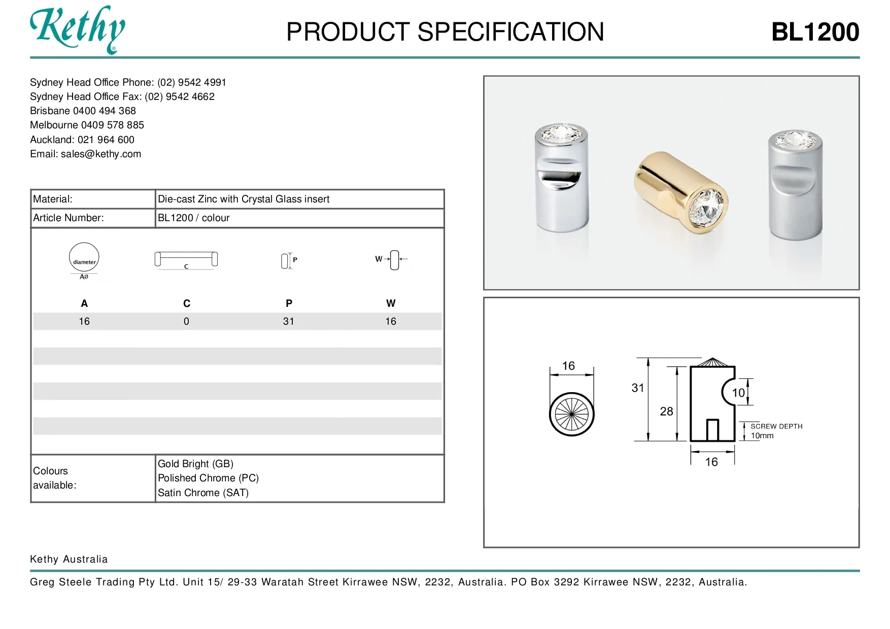 KETHY BL1200 CABINET RIGEL KNOB SINGLE STONE 16MM ROUND