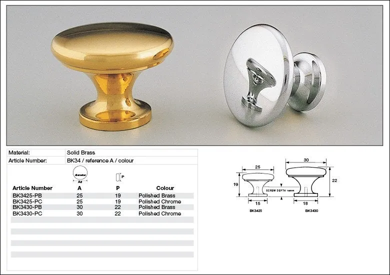 KETHY CABINET KNOB BK34 BUTTON SOLID BRASS 25MM