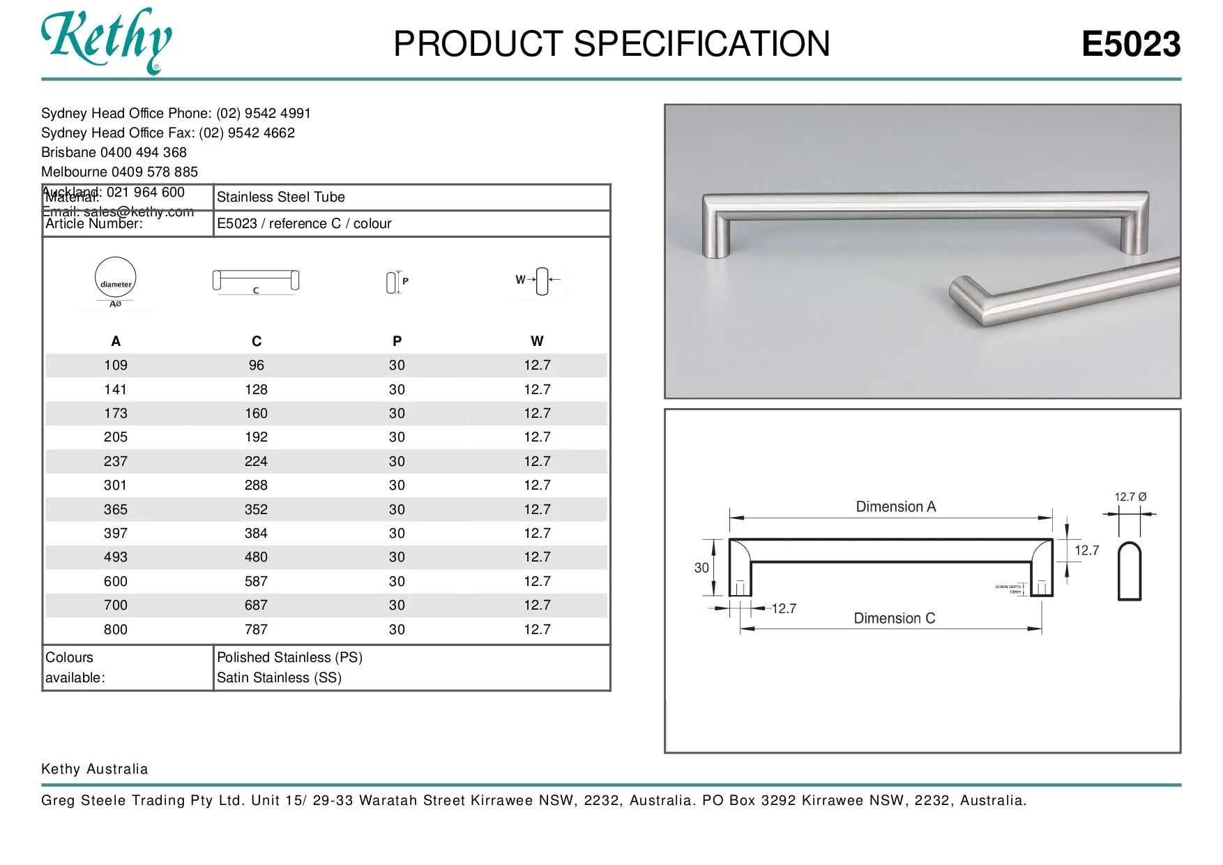 KETHY E5023 CABINET LECCO 12MM FLUSH ENDS POLISHED STAINLESS STEEL HANDLE