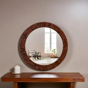 KGN Handicrafts Handcrafted Wooden Antique Frame Round Wall-Mounted Mirror, Mirror for Bedroom, Bathroom, Living Room, Wall Basin, Study Room, Office, Brown (18" Inches Round, Framed)