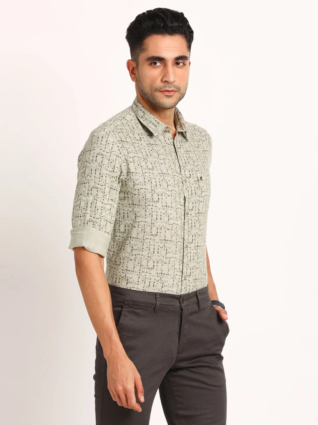 Khadi Grey Printed Slim Fit Full Sleeve Casual Shirt