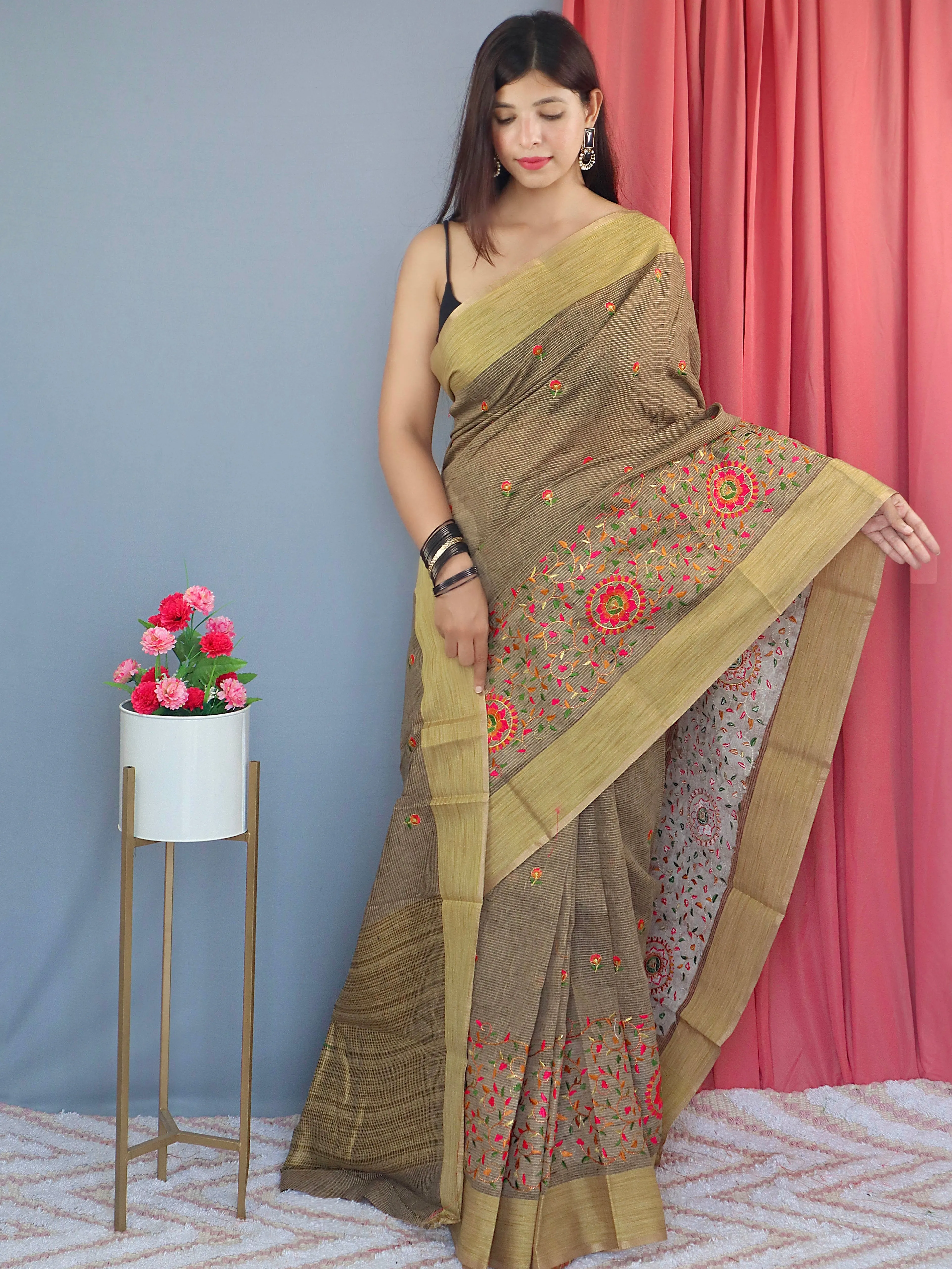 Khaki Brown Saree in Cotton Linen Multicolor Threadwork Embroidered