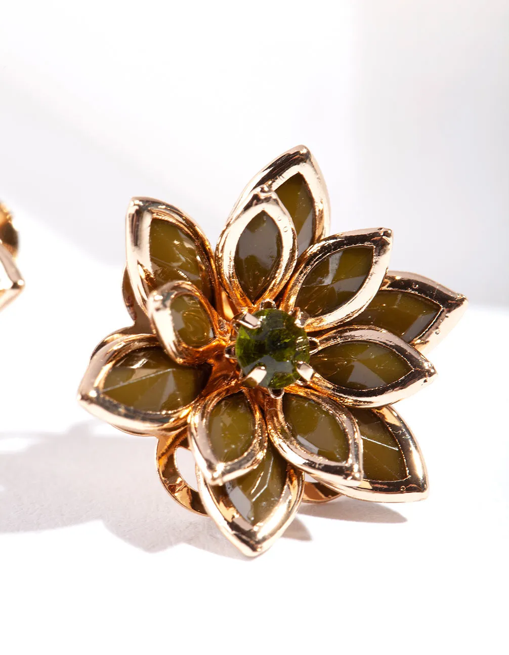 Khaki Crystal Flower Earrings