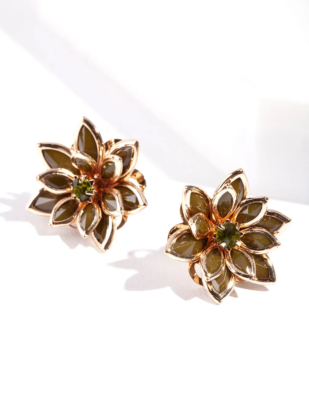 Khaki Crystal Flower Earrings