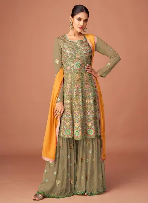 Khaki Green Multi Embroidered Peplum Style Sharara Suit