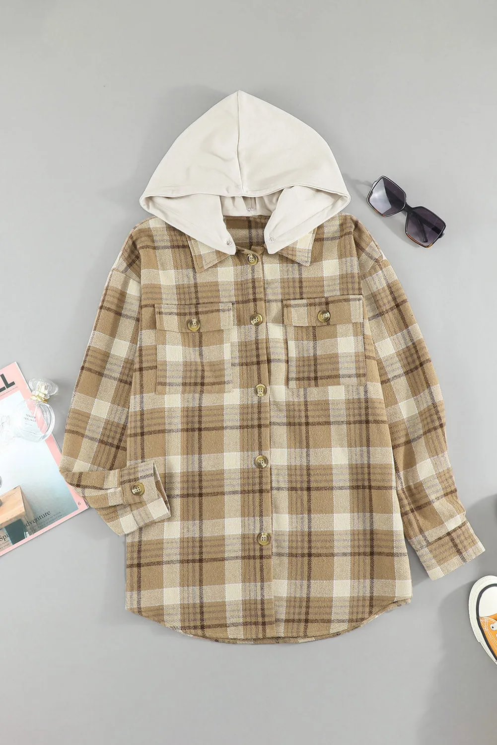 Khaki Khaki Plaid Shirt Hooded Jacket