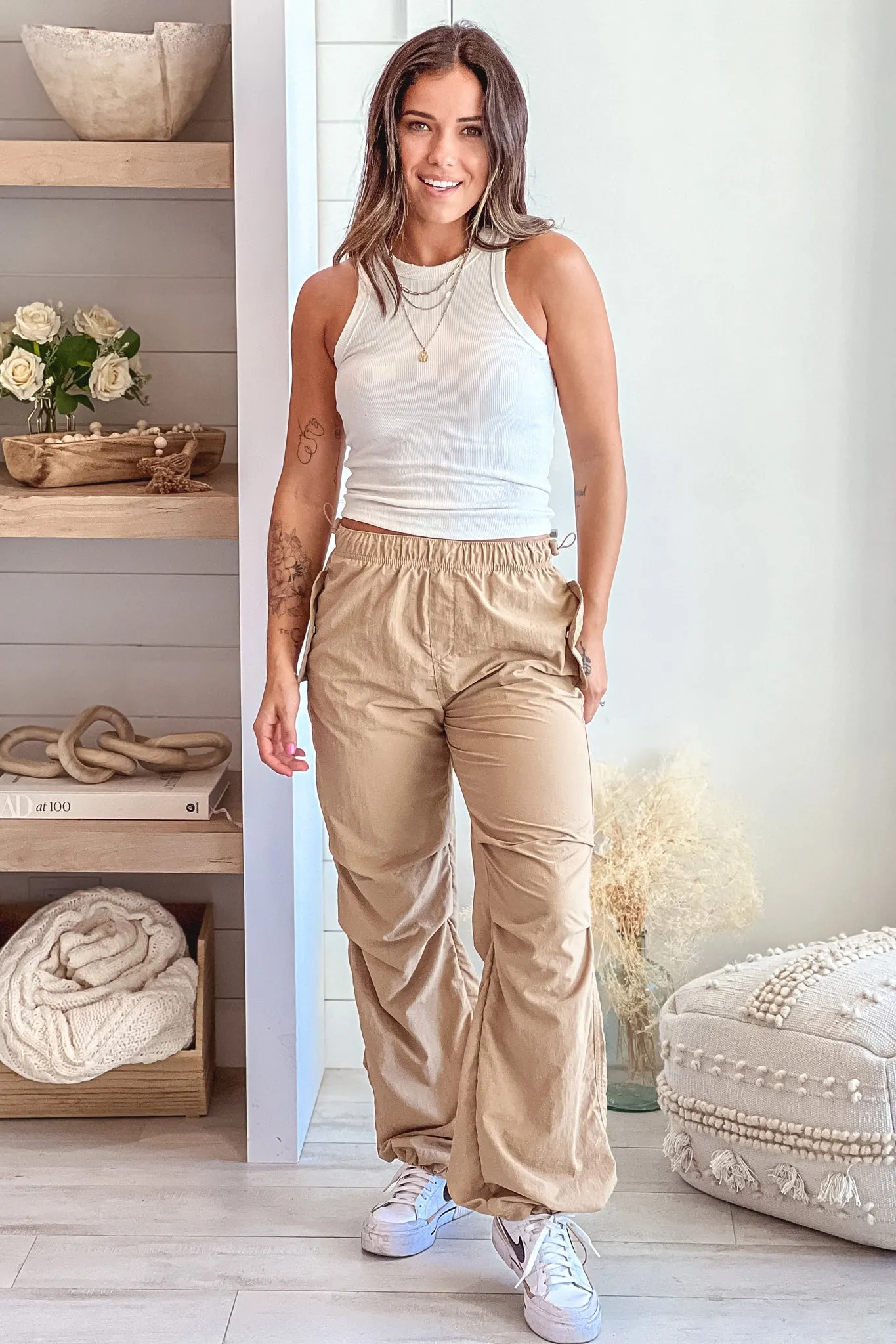 Khaki Loose Fit Parachute Pants