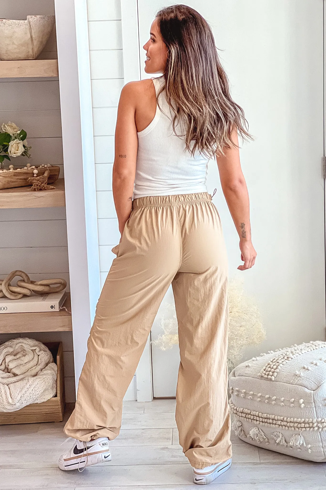 Khaki Loose Fit Parachute Pants