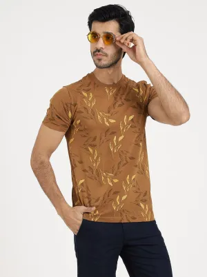 Khaki Printed Slim Fit T-Shirt | Greenfibre