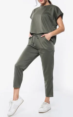 Khaki short sleeve boxy top and joggers