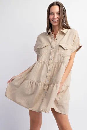 Khaki Short Sleeve Button Down Dress