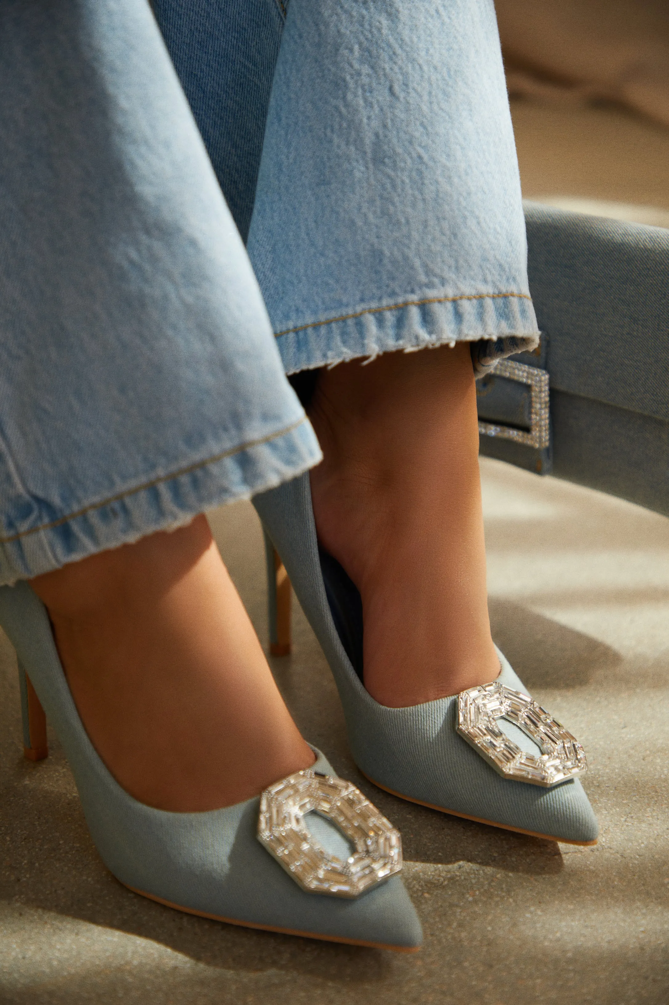 Kiara Embellished Pointed Toe Pumps - Denim