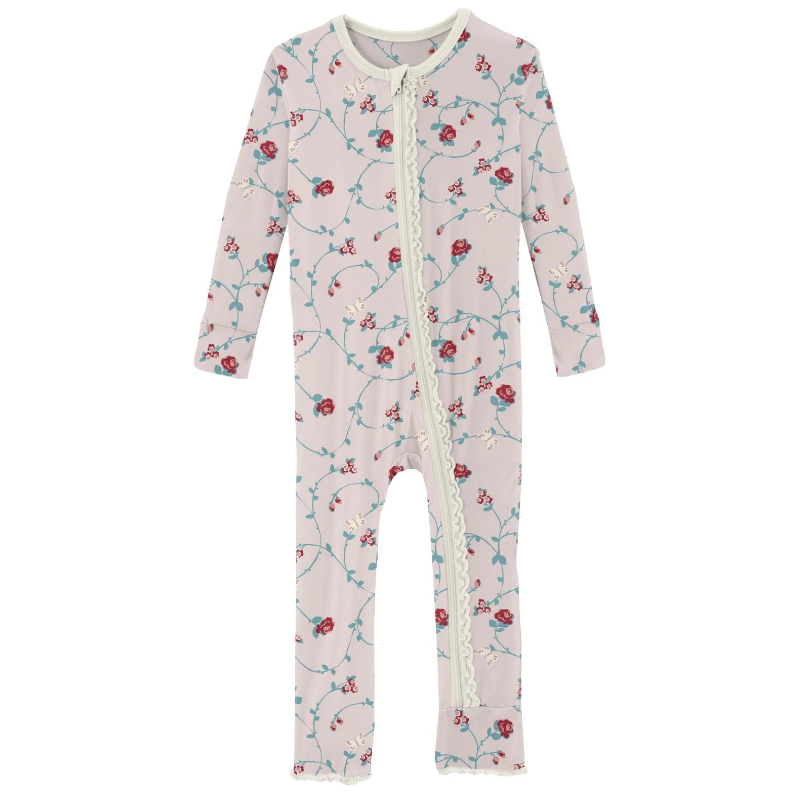 KicKee Pants Macaroon Floral Vines Muffin Ruffle Coverall with Zipper