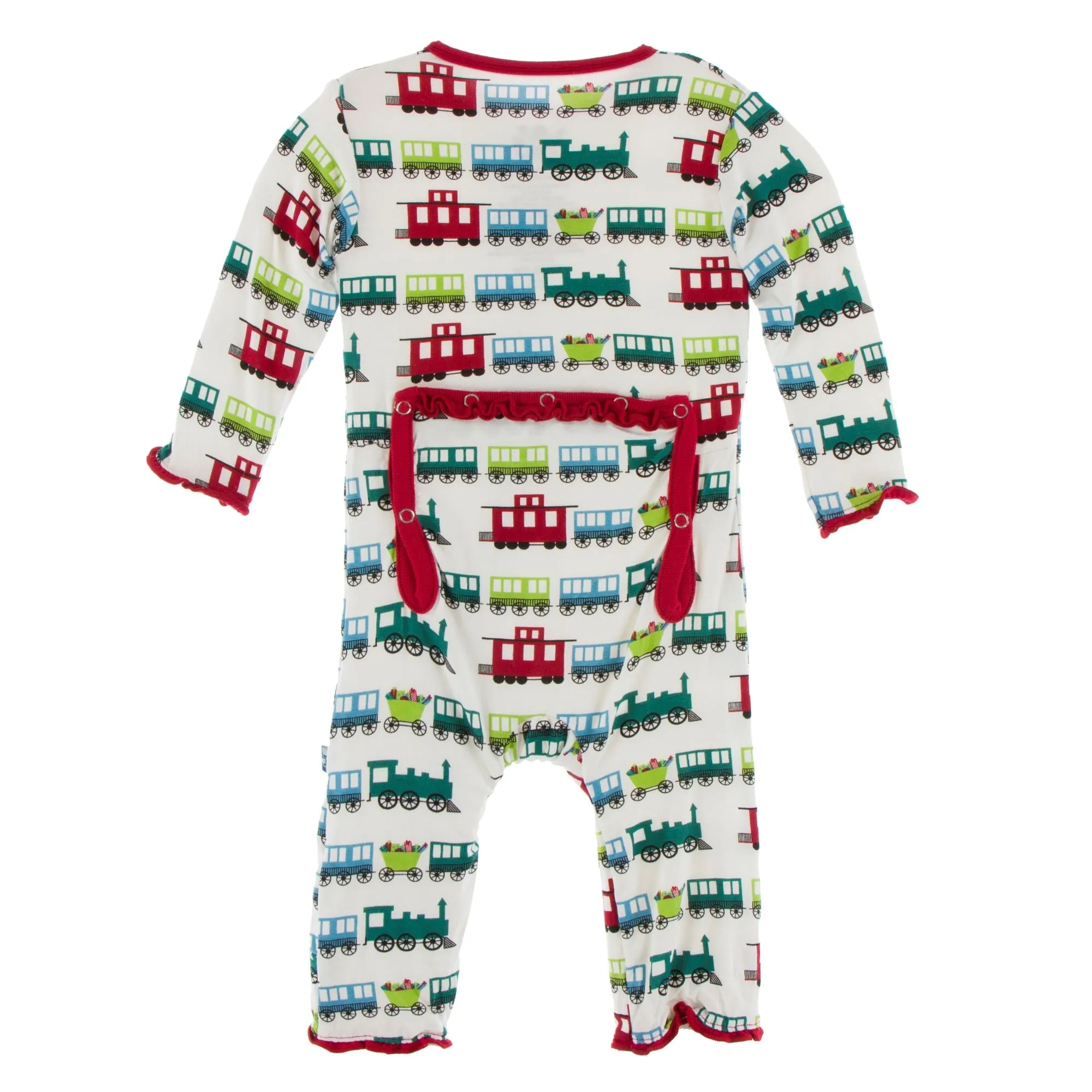 KicKee Pants Natural Toy Train Muffin Ruffle Coverall with Zipper