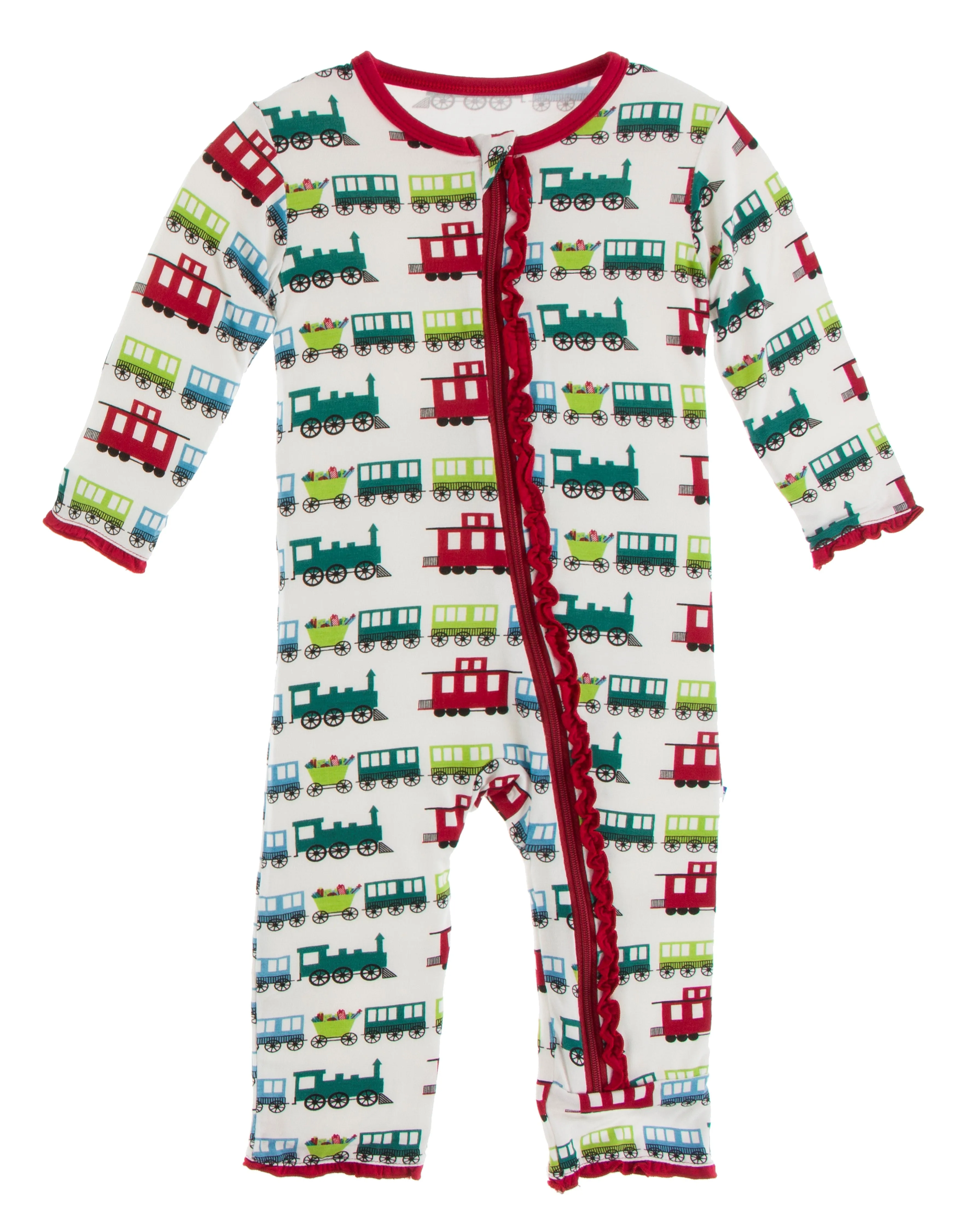 KicKee Pants Natural Toy Train Muffin Ruffle Coverall with Zipper