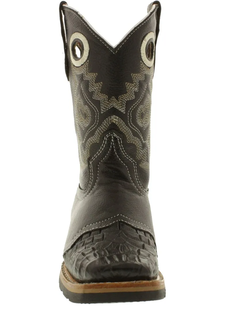 Kids Black Crocodile Belly Print Cowboy Boots - Square Toe