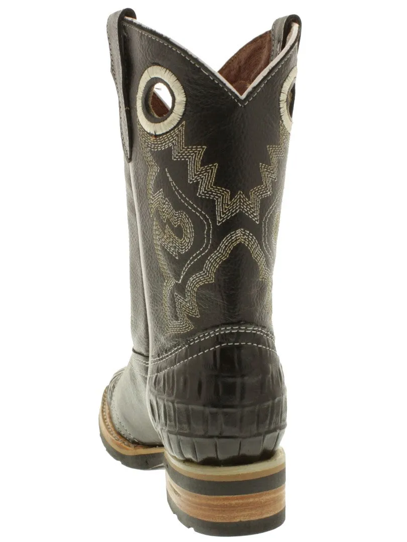 Kids Black Crocodile Belly Print Cowboy Boots - Square Toe