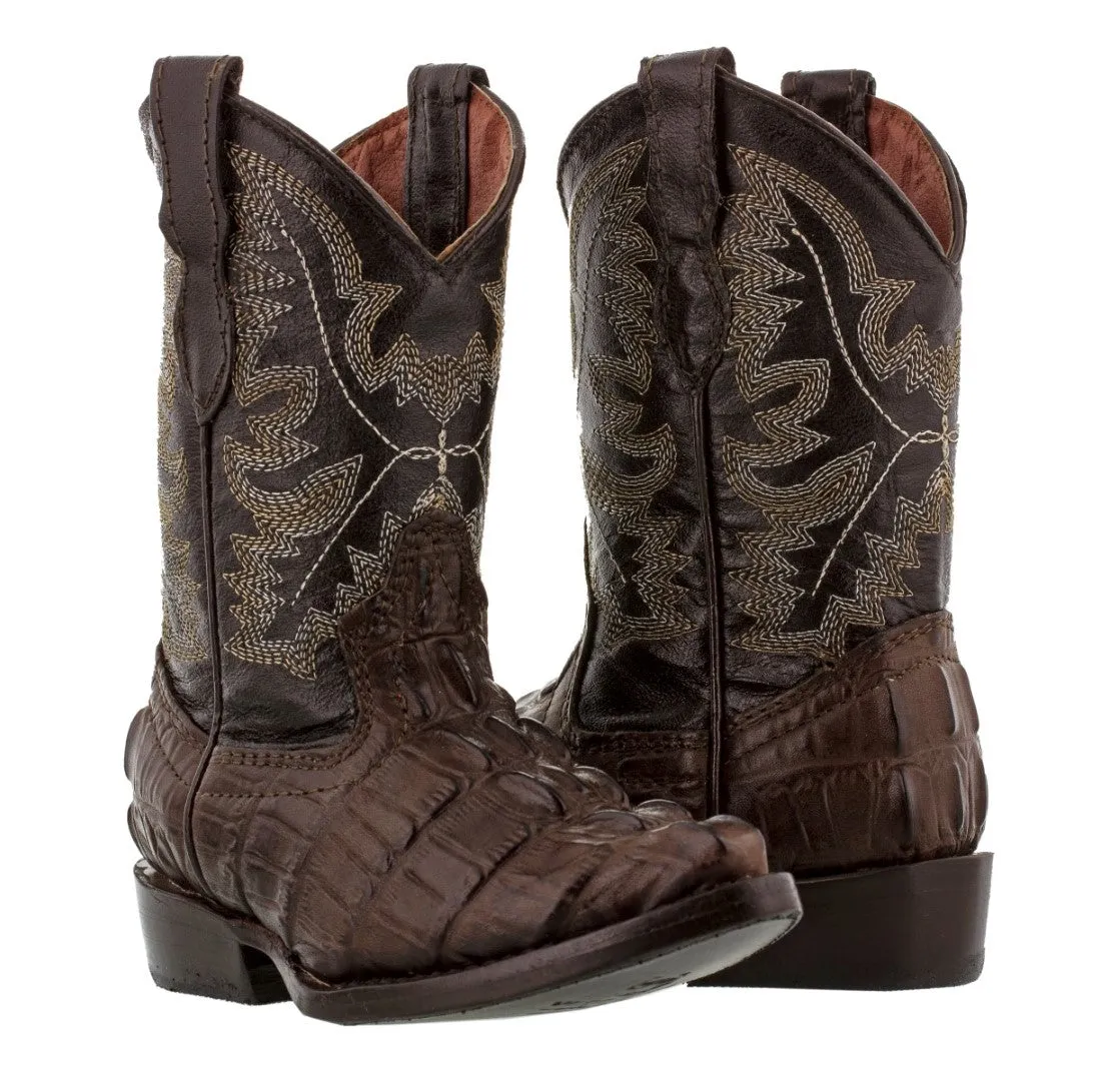 Kids Brown Alligator Tail Print Leather Cowboy Boots J Toe