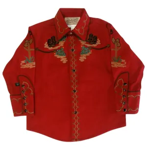 Kid's Cactus & Cowboy Boots Embroidered Western Shirt in Red