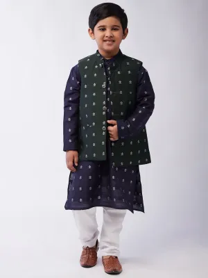 Kid's Cotton Blend Navy Blue Kurta & Dark Green Nehru Jacket With White Churidar Pyjama Set  - Sojanya KID