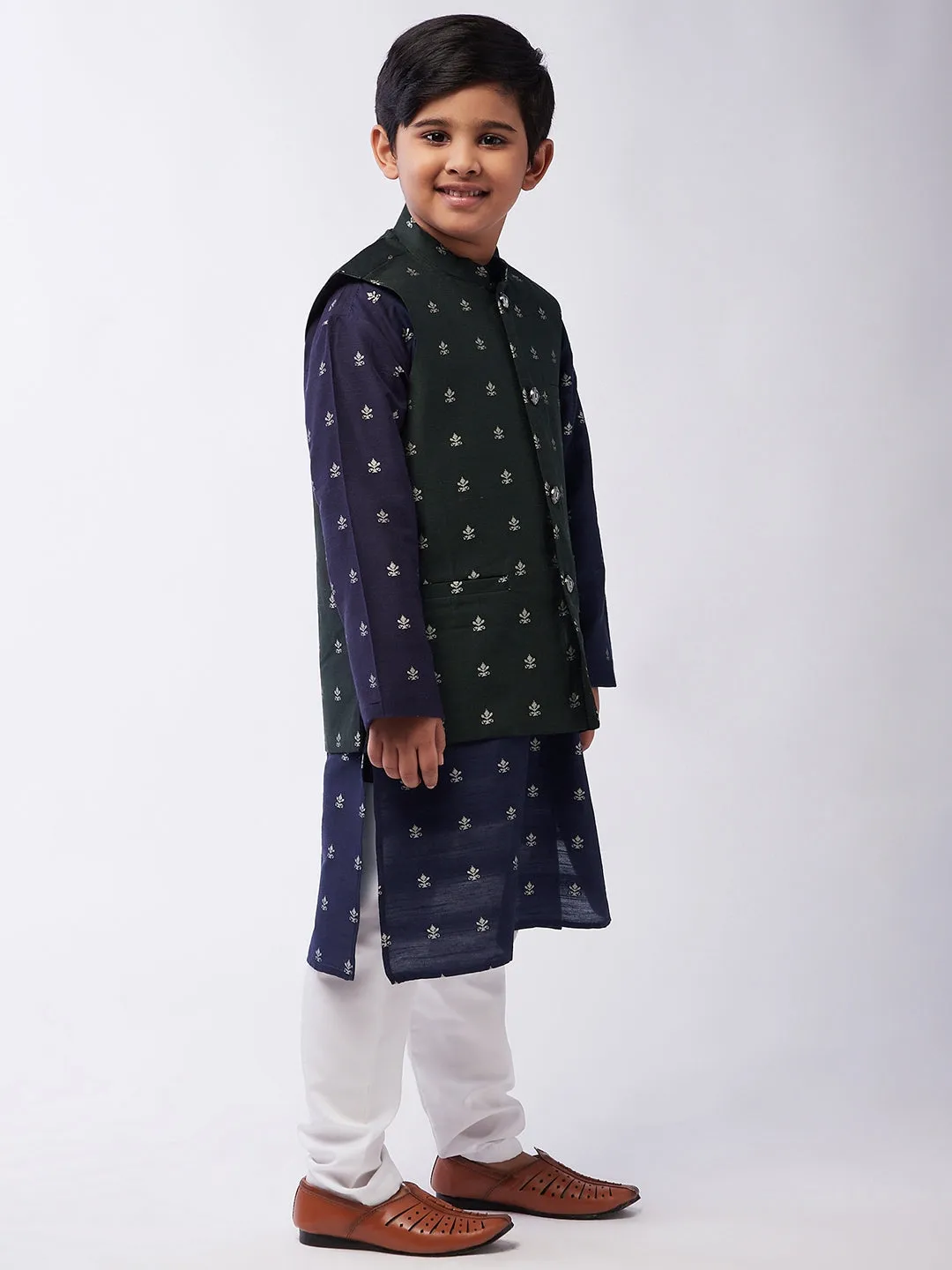 Kid's Cotton Blend Navy Blue Kurta & Dark Green Nehru Jacket With White Churidar Pyjama Set  - Sojanya KID