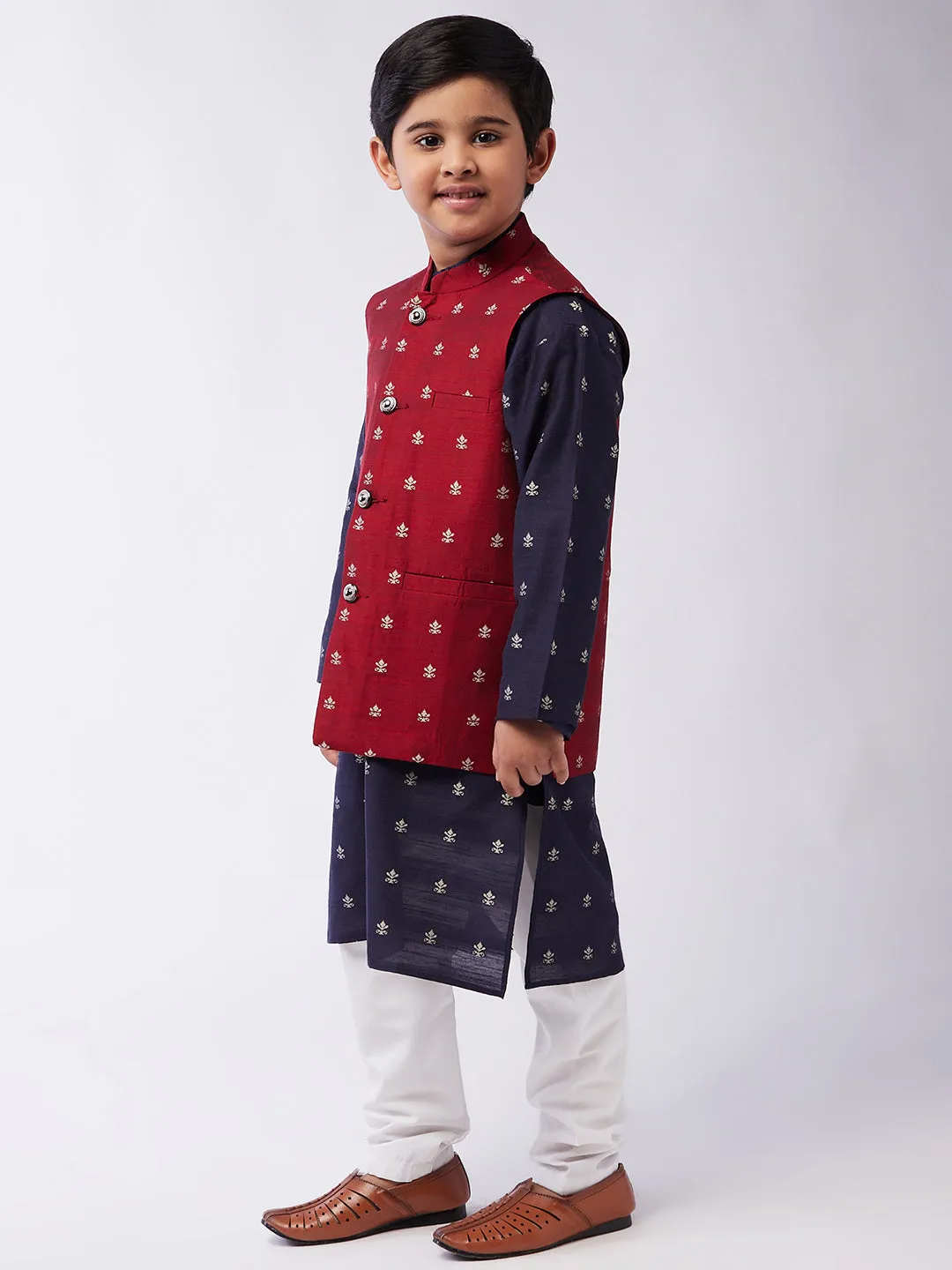 Kid's Cotton Blend Navy Blue Kurta & Maroon Nehru Jacket With White Churidar Pyjama Set Combo - Sojanya KID