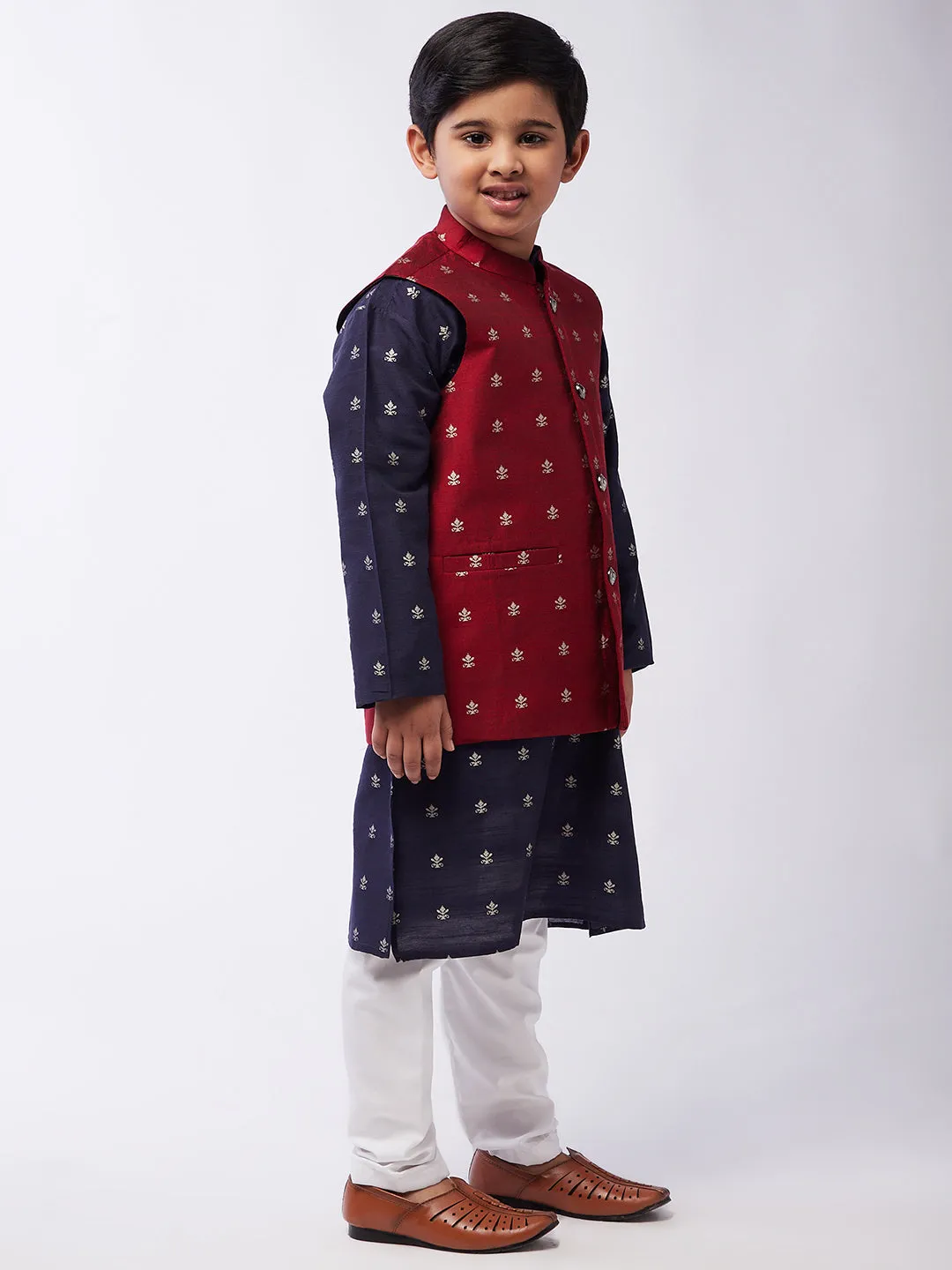 Kid's Cotton Blend Navy Blue Kurta & Maroon Nehru Jacket With White Churidar Pyjama Set Combo - Sojanya KID