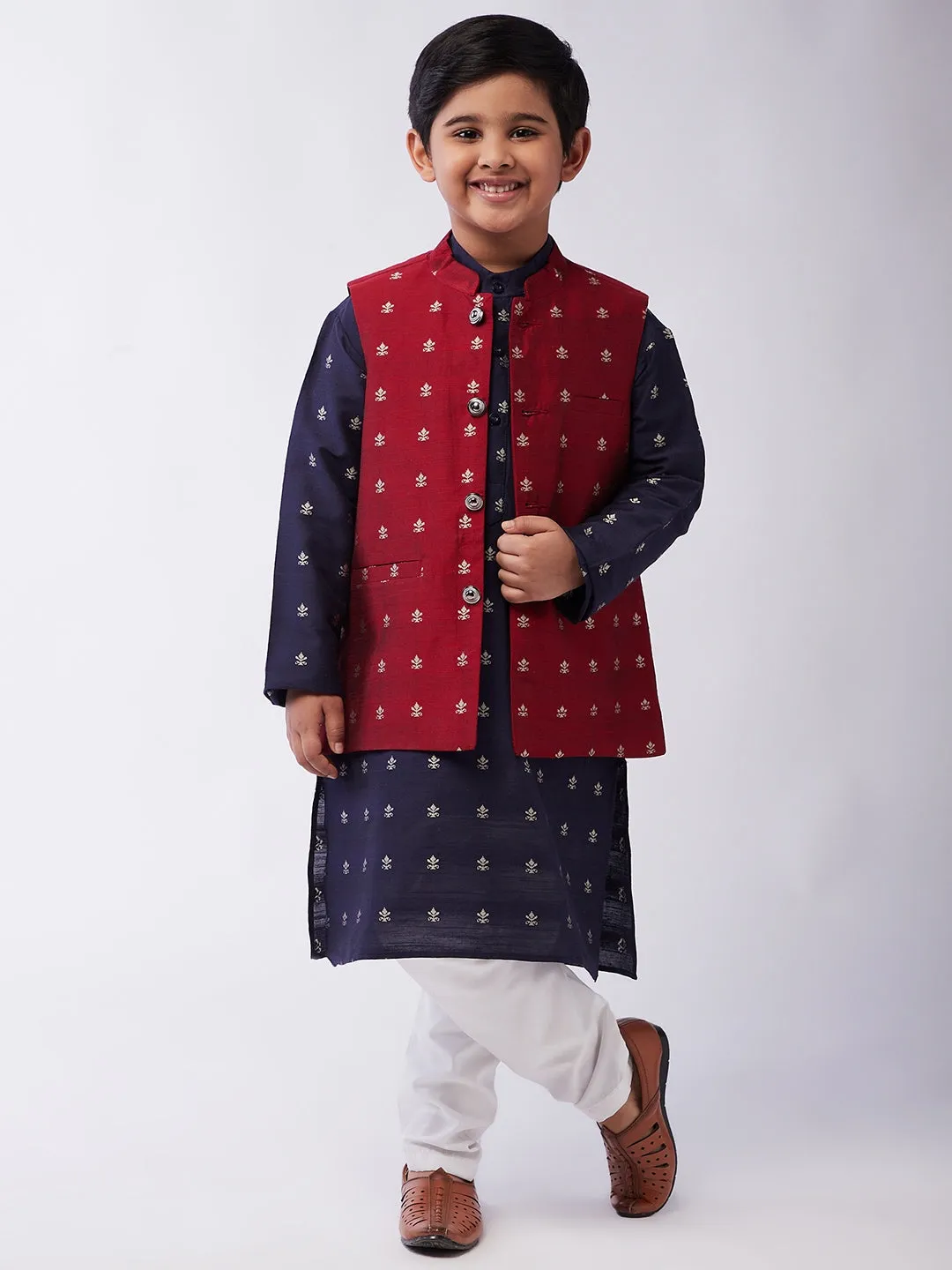 Kid's Cotton Blend Navy Blue Kurta & Maroon Nehru Jacket With White Churidar Pyjama Set Combo - Sojanya KID