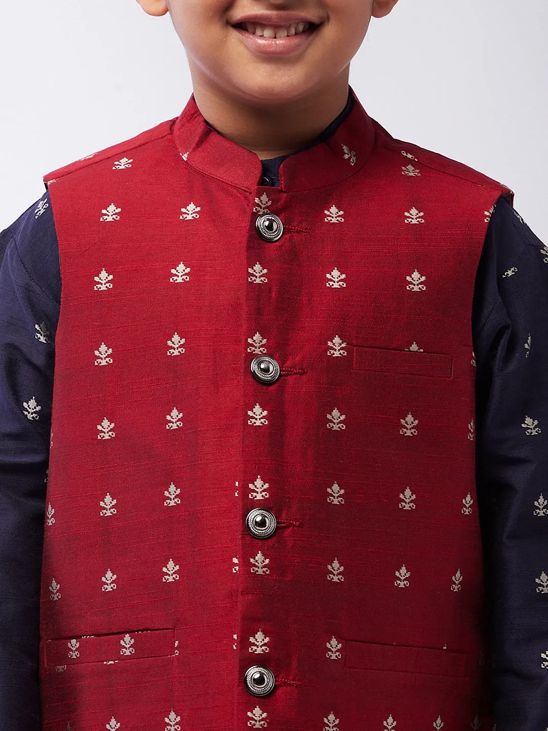 Kid's Cotton Blend Navy Blue Kurta & Maroon Nehru Jacket With White Churidar Pyjama Set Combo - Sojanya KID