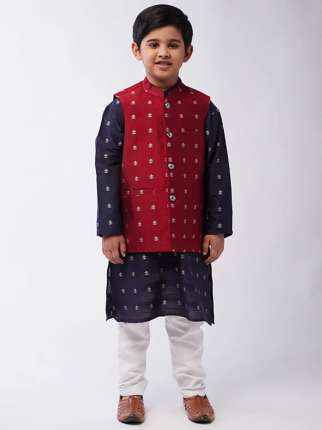 Kid's Cotton Blend Navy Blue Kurta & Maroon Nehru Jacket With White Churidar Pyjama Set Combo - Sojanya KID