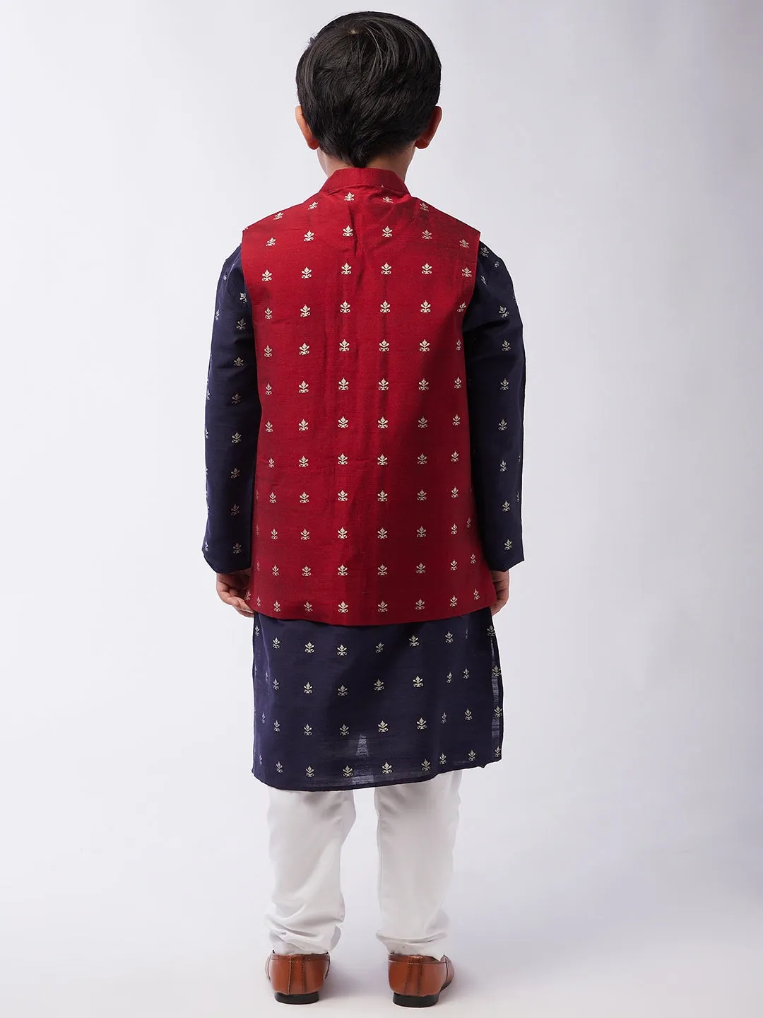 Kid's Cotton Blend Navy Blue Kurta & Maroon Nehru Jacket With White Churidar Pyjama Set Combo - Sojanya KID