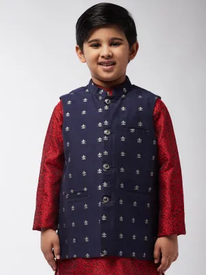 Kid's Cotton Blend Navy Blue Self Design ONLY Nehru Jacket - Sojanya KID