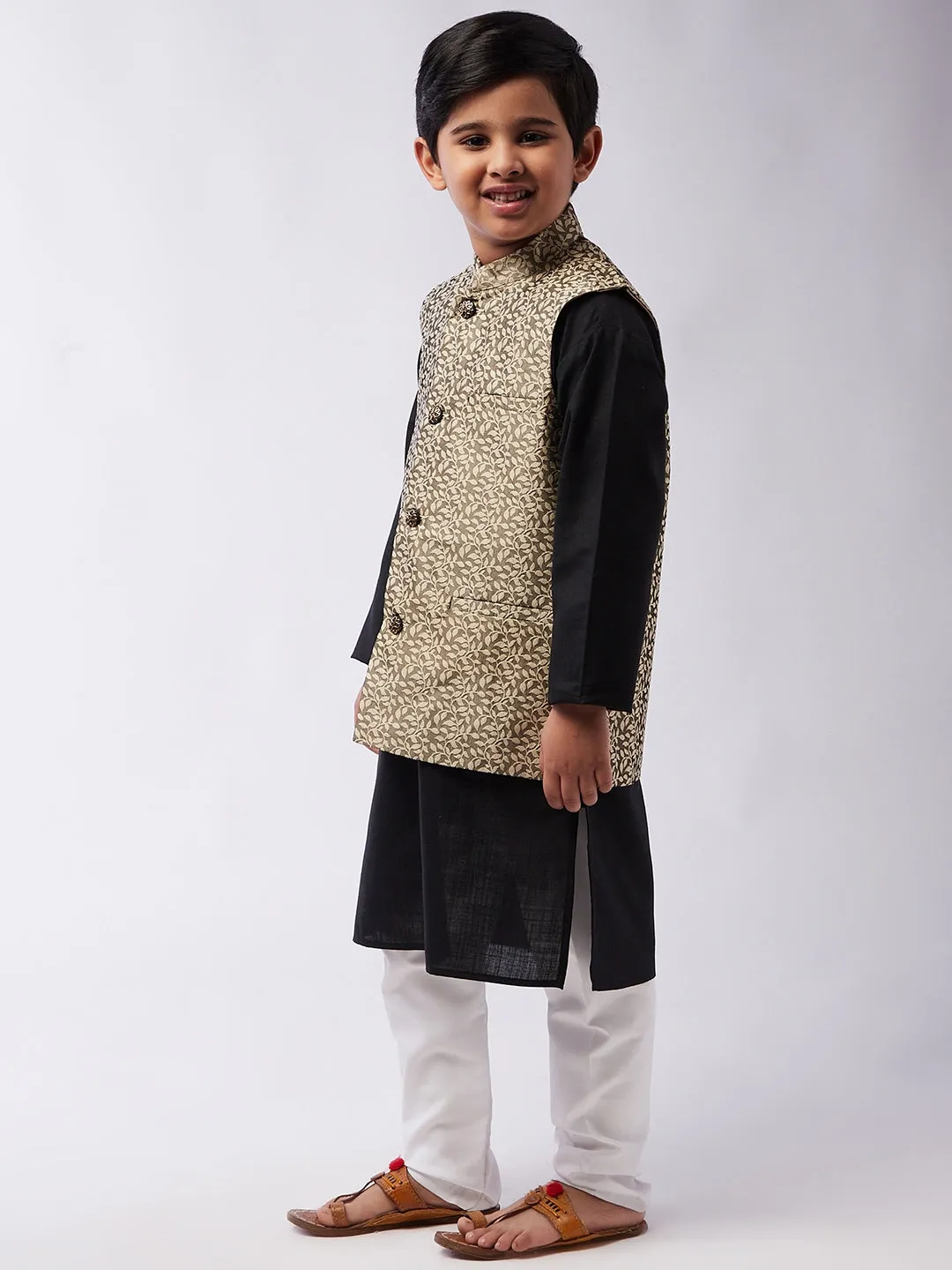 Kid's Cotton Silk Black Kurta & Beige Nehrujacket With White Churidar Pyjama Set  - Sojanya KID