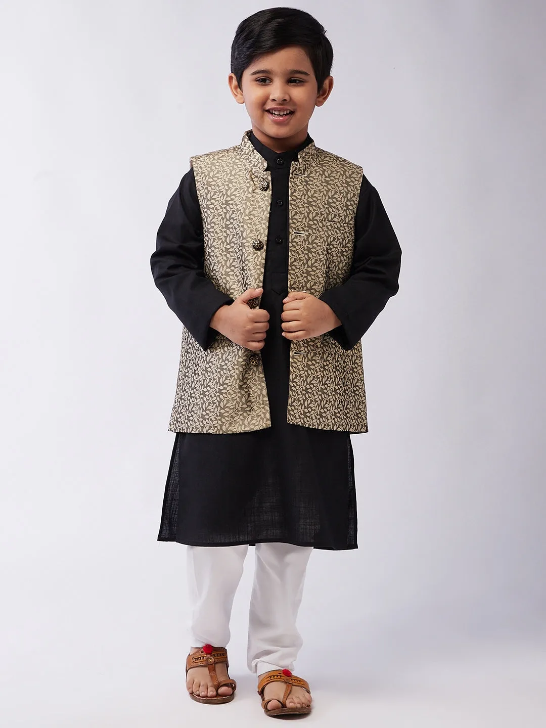 Kid's Cotton Silk Black Kurta & Beige Nehrujacket With White Churidar Pyjama Set  - Sojanya KID