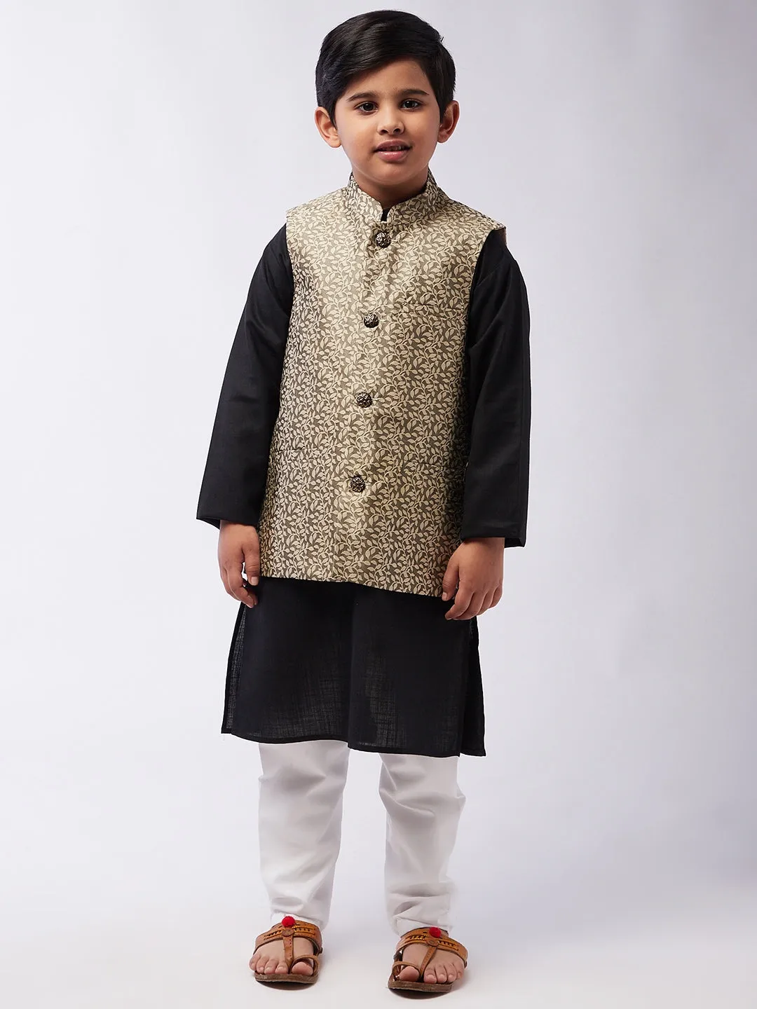 Kid's Cotton Silk Black Kurta & Beige Nehrujacket With White Churidar Pyjama Set  - Sojanya KID