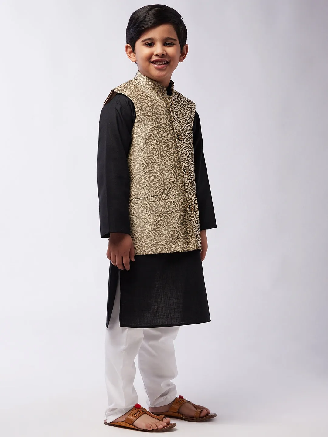 Kid's Cotton Silk Black Kurta & Beige Nehrujacket With White Churidar Pyjama Set  - Sojanya KID