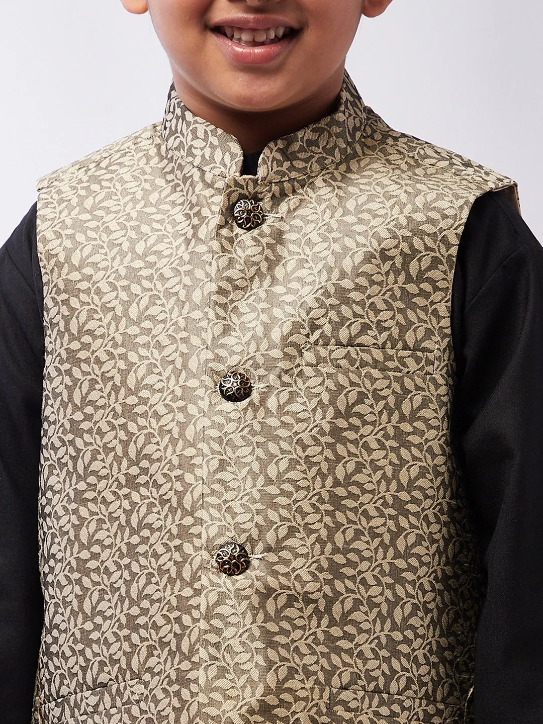 Kid's Cotton Silk Black Kurta & Beige Nehrujacket With White Churidar Pyjama Set  - Sojanya KID