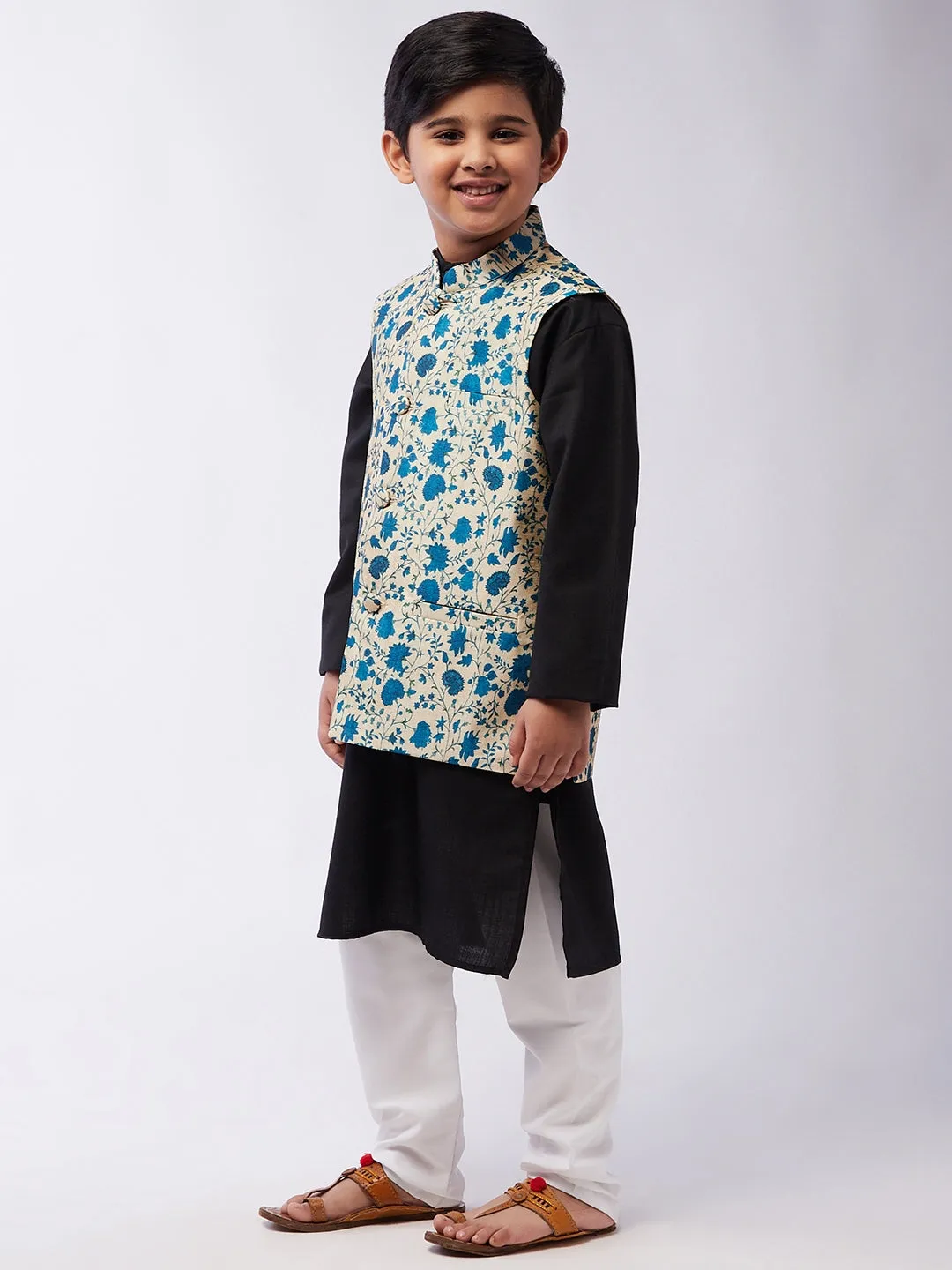 Kid's Cotton Silk Black Kurta & Blue Nehru Jacket With White Churidar Pyjama Set - Sojanya KID