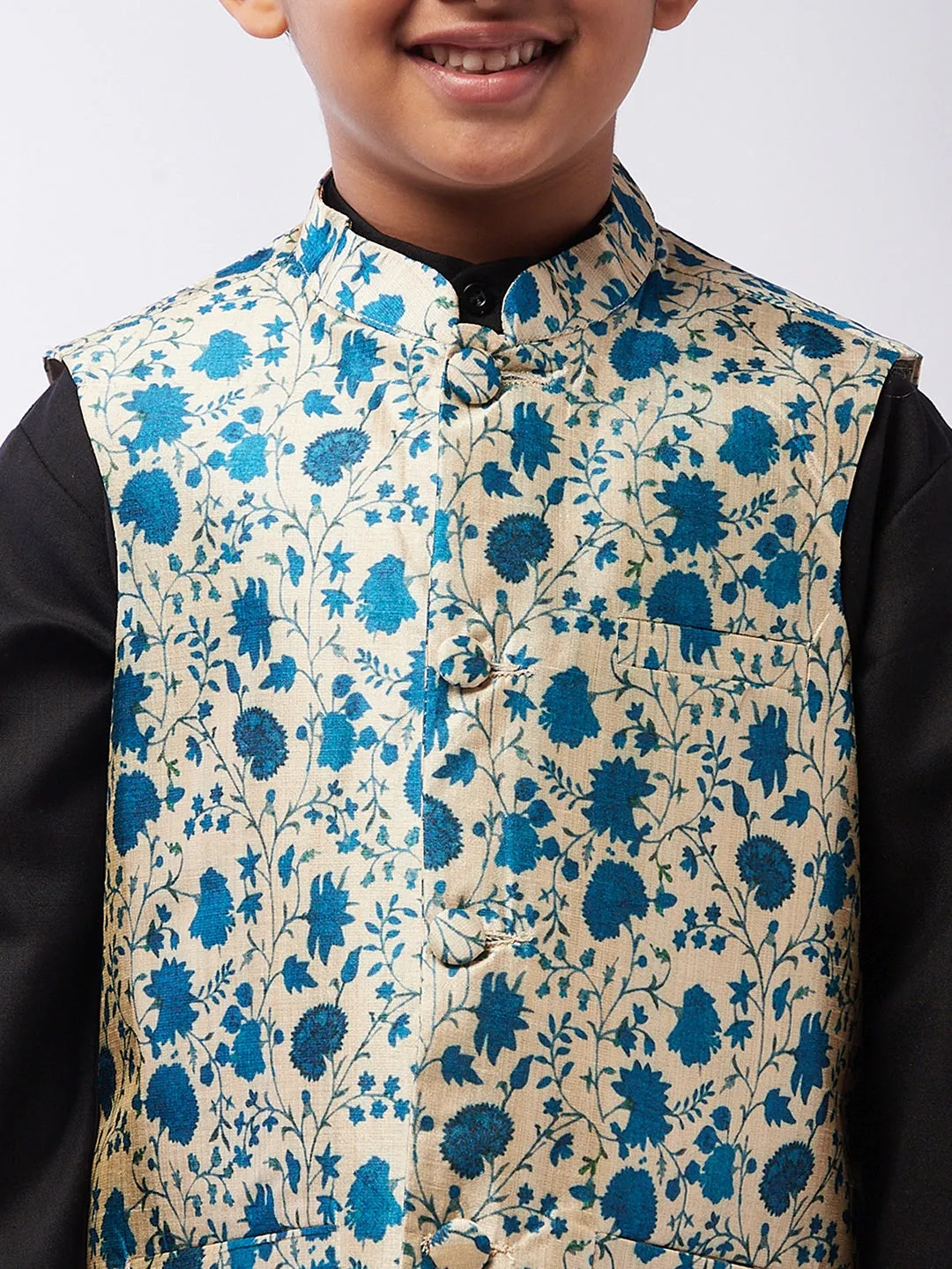 Kid's Cotton Silk Black Kurta & Blue Nehru Jacket With White Churidar Pyjama Set - Sojanya KID