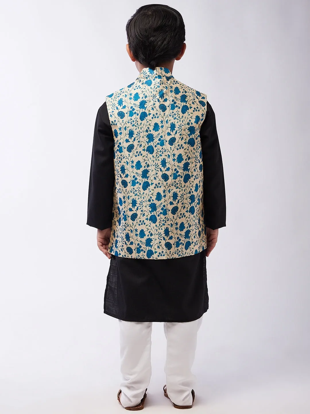 Kid's Cotton Silk Black Kurta & Blue Nehru Jacket With White Churidar Pyjama Set - Sojanya KID