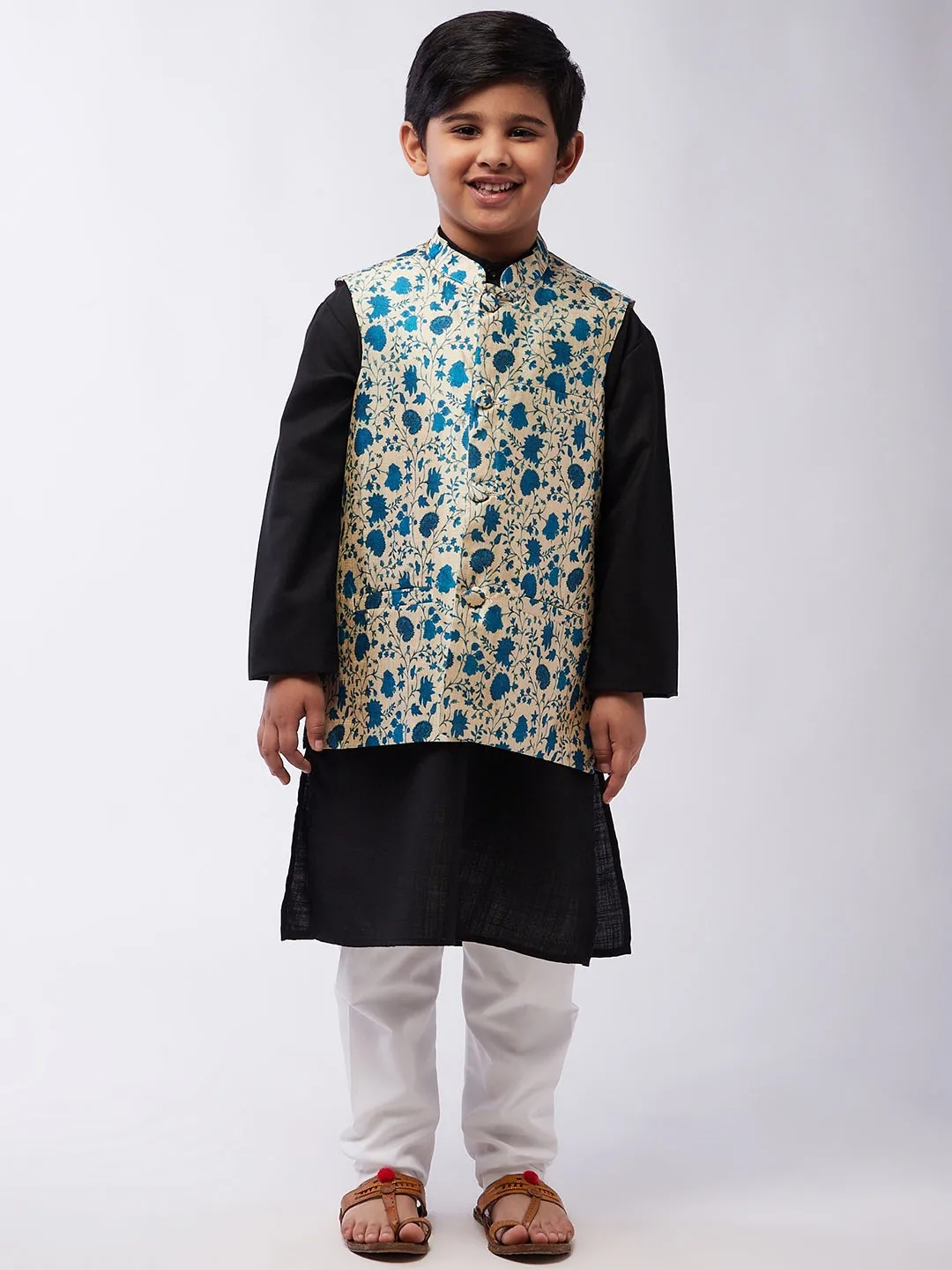 Kid's Cotton Silk Black Kurta & Blue Nehru Jacket With White Churidar Pyjama Set - Sojanya KID