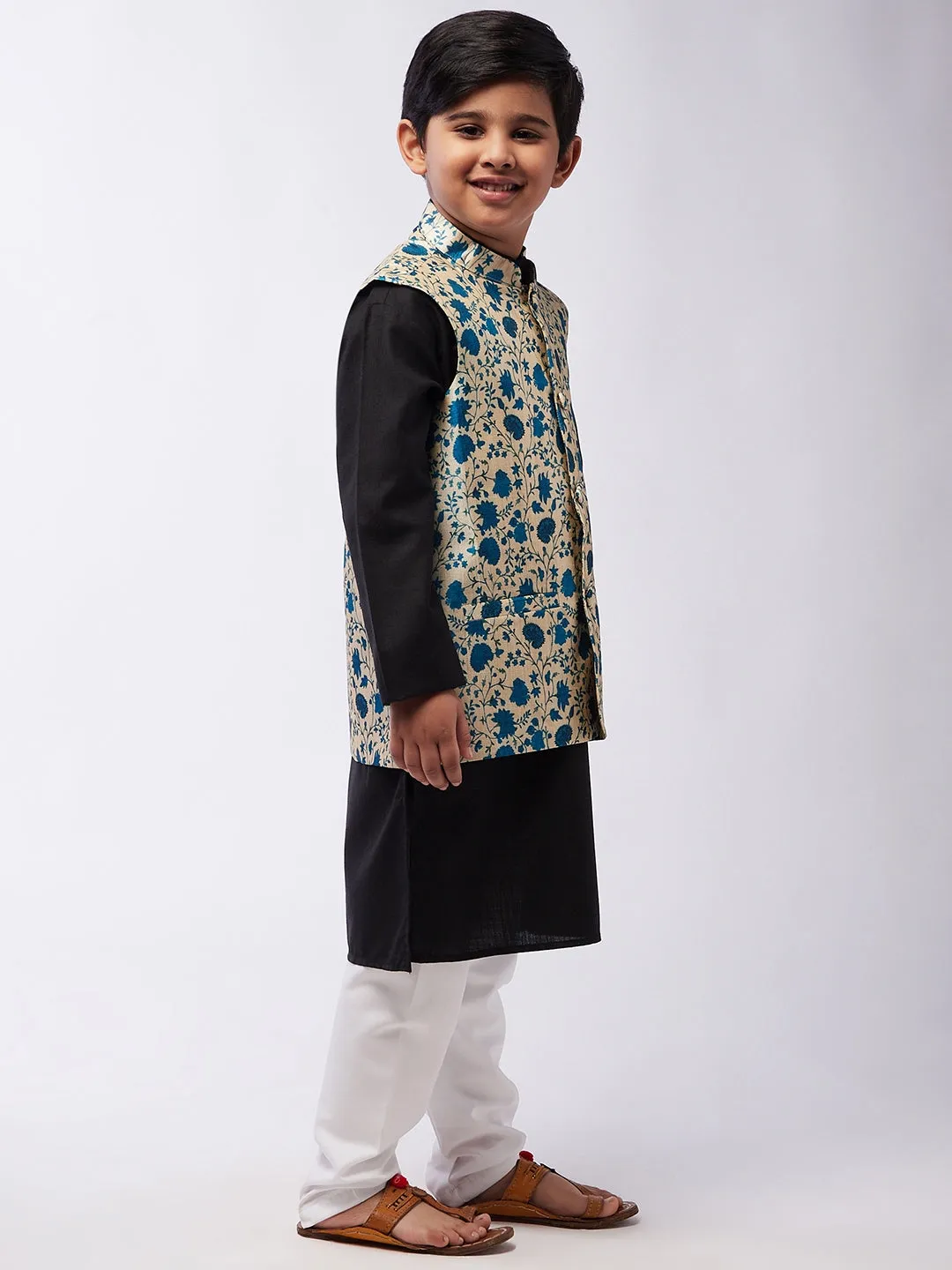 Kid's Cotton Silk Black Kurta & Blue Nehru Jacket With White Churidar Pyjama Set - Sojanya KID