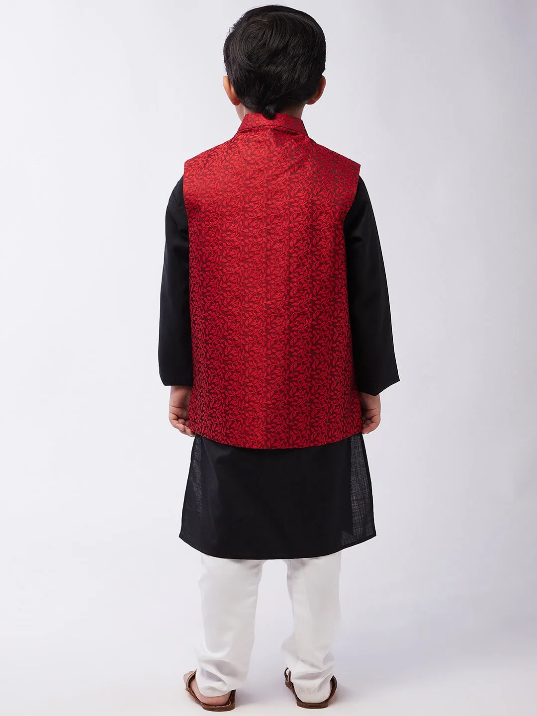 Kid's Cotton Silk Black Kurta & Red Nehrujacket With White Churidar Pyjama Set  - Sojanya KID