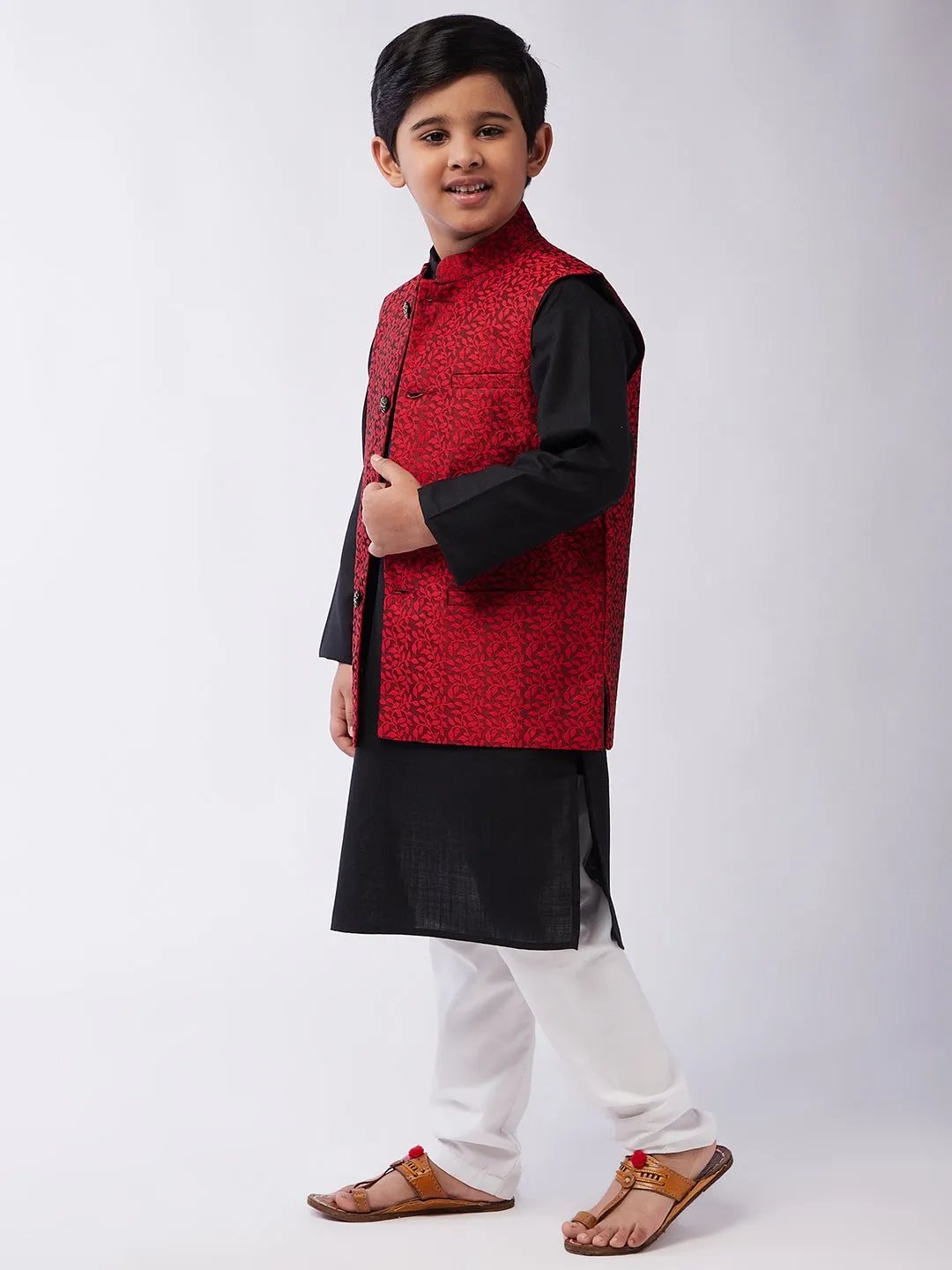 Kid's Cotton Silk Black Kurta & Red Nehrujacket With White Churidar Pyjama Set  - Sojanya KID