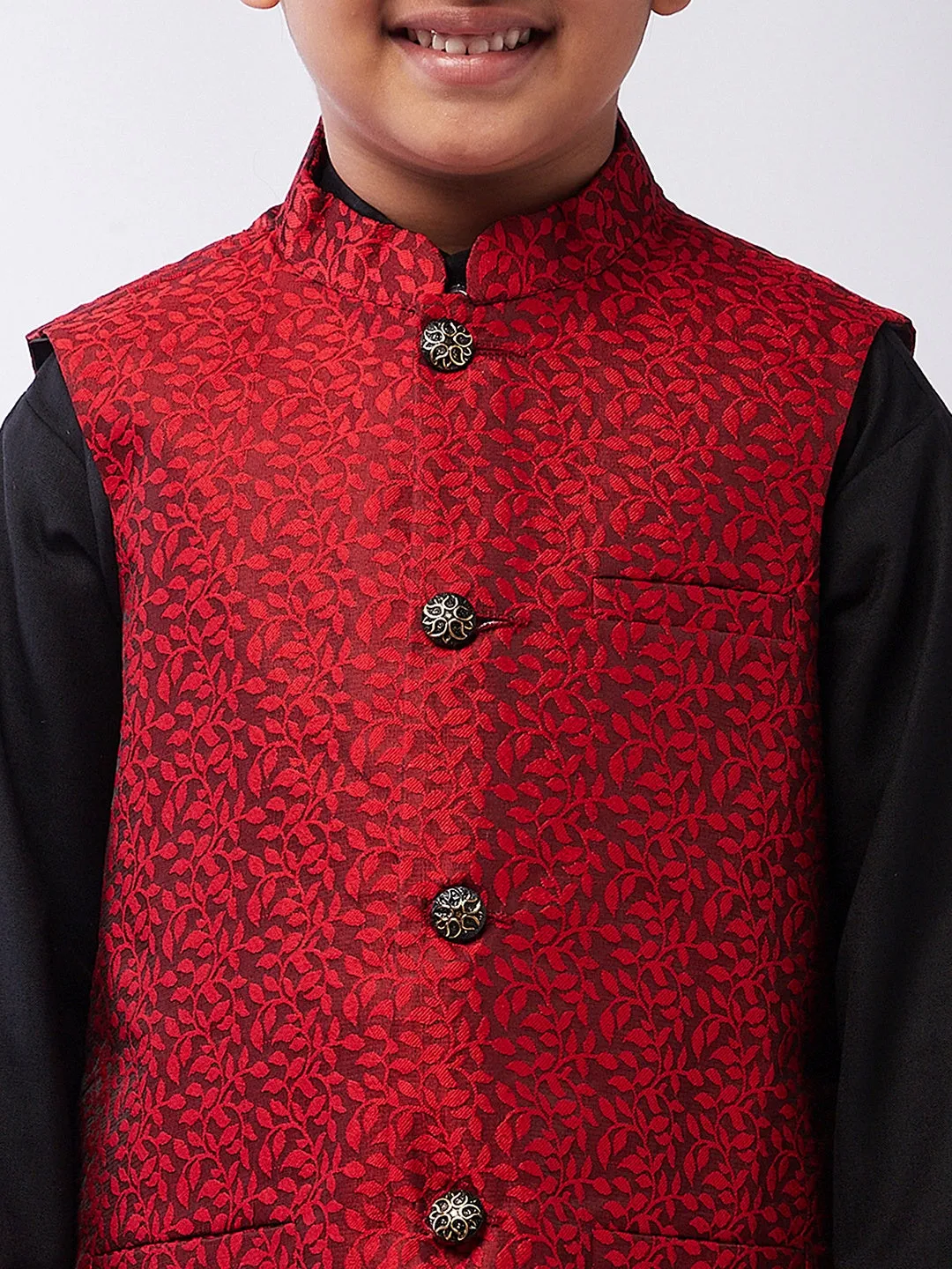 Kid's Cotton Silk Black Kurta & Red Nehrujacket With White Churidar Pyjama Set  - Sojanya KID